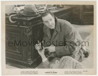 1t981 WOMAN IN GREEN 8x10.25 still 1945 Basil Rathbone as Sherlock Holmes finds clue on dead guy!