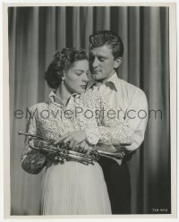 1t996 YOUNG MAN WITH A HORN English 8x10 still 1950 Kirk Douglas & Lauren Bacall with trumpet!