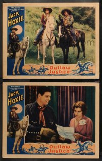 1w906 OUTLAW JUSTICE 2 LCs 1932 western cowboy Jack Hoxie on horseback & with Dorothy Gulliver!