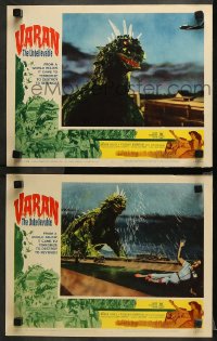 1w986 VARAN THE UNBELIEVABLE 2 LCs 1962 both have great FX images of the wacky dinosaur monster!