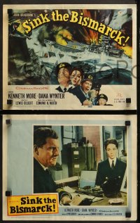 1w301 SINK THE BISMARCK 8 LCs 1960 Kenneth More, great WWII clash of battleships title card art!