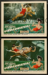 1w798 UNDERWATER 3 LCs 1955 Howard Hughes, sexiest skin diver Jane Russell, Gilbert Roland!