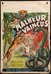 1y381 EAT 'EM ALIVE Belgian R1940s cool art of man fighting big cat, baby in peril w/huge snake!