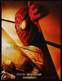 1y524 SPIDER-MAN teaser French 16x21 2002 close-up of Maguire w/WTC towers in eyes, Marvel!