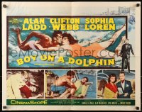 1y561 BOY ON A DOLPHIN 1/2sh 1957 art of Alan Ladd & sexiest Sophia Loren swimming underwater!