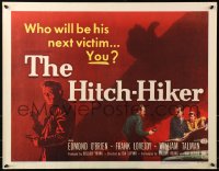 1y629 HITCH-HIKER style A 1/2sh 1953 different film noir image of man with upraised thumb & shadow!