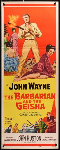 1y025 BARBARIAN & THE GEISHA insert 1958 John Huston, art of John Wayne with torch & Eiko Ando!