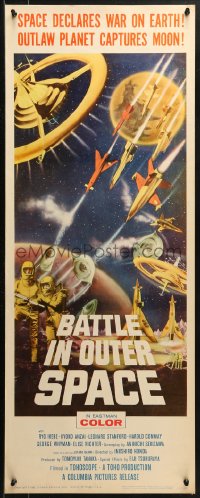 1y027 BATTLE IN OUTER SPACE insert 1960 Uchu Daisenso, Toho, space declares war on Earth, cool art!