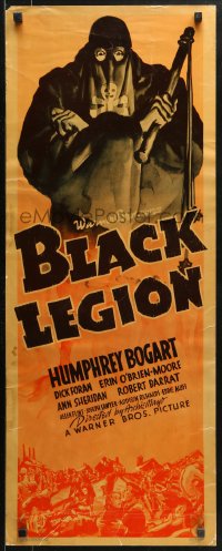 1y037 BLACK LEGION insert 1936 Humphrey Bogart, art of hooded Ku Klux Klan-like man, ultra-rare!