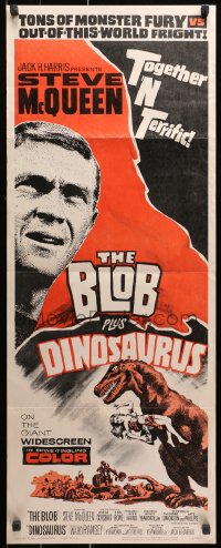 1y039 BLOB /DINOSAURUS insert 1964 great close up of Steve McQueen, plus art of T-Rex w/girl!