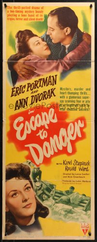 1y101 ESCAPE TO DANGER insert 1944 action art of Eric Portman & Ann Dvorak in peril & in love!