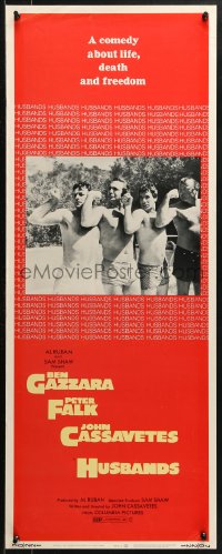 1y126 HUSBANDS insert 1970 different image of Ben Gazzara, Peter Falk & John Cassavetes flexing!