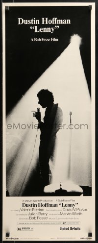 1y147 LENNY insert 1974 silhouette image of Dustin Hoffman as comedian Lenny Bruce at microphone!