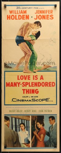1y157 LOVE IS A MANY-SPLENDORED THING insert 1955 romantic art of William Holden & Jennifer Jones!