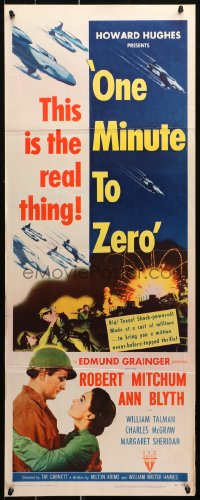 1y186 ONE MINUTE TO ZERO insert 1952 art of Robert Mitchum, Ann Blyth & fighter jets, Howard Hughes