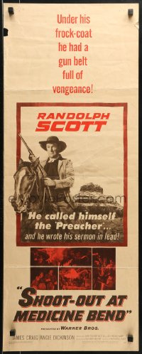1y211 SHOOT-OUT AT MEDICINE BEND insert 1957 Preacher Randolph Scott wrote his sermon in lead!