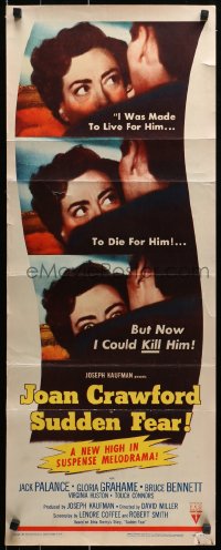 1y231 SUDDEN FEAR insert 1952 great close up of terrified Joan Crawford, Jack Palance!