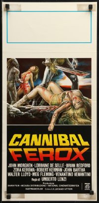 1y290 CANNIBAL FEROX Italian locandina 1981 Umberto Lenzi, natives w/machetes torturing women!