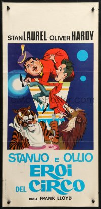 1y359 STANLIO E OLLIO EROI DEL CIRCO Italian locandina 1960s art of Laurel & Hardy, tiger and lion!