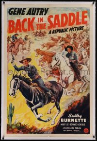 1z020 BACK IN THE SADDLE linen 1sh 1941 art of Gene Autry & Smiley leading cattle drive, very rare!