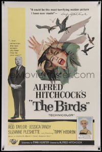 1z028 BIRDS linen 1sh 1963 director Alfred Hitchcock shown, Tippi Hedren, classic intense art!