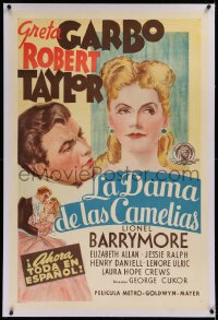 1z047 CAMILLE linen Spanish/US 1sh R1940s different art of pretty Greta Garbo, young Robert Taylor!