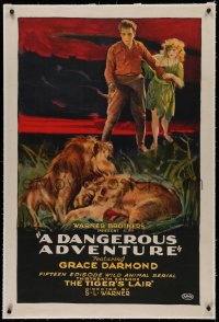 1z067 DANGEROUS ADVENTURE linen chapter 13 1sh 1922 early Warner Bros. jungle serial, cool art, rare!