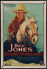 1z071 DESERT VENGEANCE linen 1sh 1931 wonderful art of Buck Jones drawing gun on horseback, very rare!