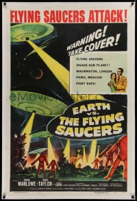 1z087 EARTH VS. THE FLYING SAUCERS linen 1sh 1956 Ray Harryhausen classic, cool art of UFOs & aliens!