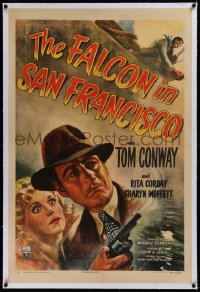 1z096 FALCON IN SAN FRANCISCO linen 1sh 1945 cool artwork of detective Tom Conway with smoking gun!