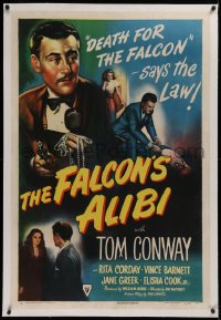 1z098 FALCON'S ALIBI linen 1sh 1946 the law says death for detective Tom Conway, cool montage art!