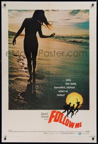 1z109 FOLLOW ME linen 1sh 1969 surfing documentary, sexy woman walking on beach at sunset!