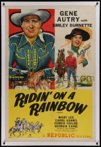 1z122 GENE AUTRY linen 1sh 1947 art of Gene Autry, Smiley Burnette, Ridin' on a Rainbow!