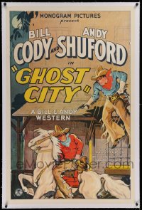 1z125 GHOST CITY linen 1sh 1932 great art of cowboy Bill Cody ambushed by bad guy, very rare!