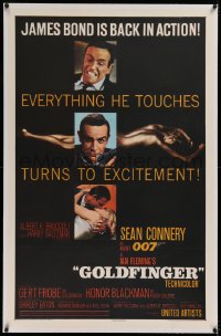 1z133 GOLDFINGER linen 1sh 1964 three images of Sean Connery as James Bond + golden Shirley Eaton!