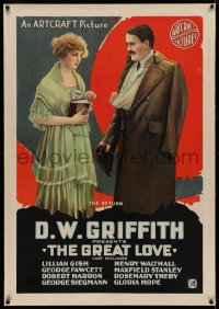 1z136 GREAT LOVE linen 1sh 1918 D.W. Griffith, art of Lillian Gish & Henry B. Walthall, ultra rare!