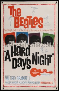 1z145 HARD DAY'S NIGHT linen 1sh 1964 The Beatles in their first film, rock & roll classic!