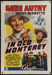 1z162 IN OLD MONTEREY linen 1sh 1939 artwork of Gene Autry & Smiley Burnette + Hoosier Hot Shots!