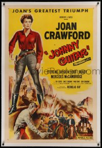 1z170 JOHNNY GUITAR linen 1sh 1954 artwork of Joan Crawford reaching for gun, Nicholas Ray classic!