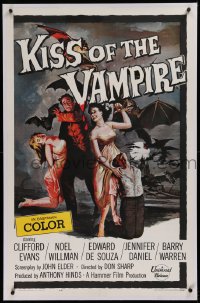 1z177 KISS OF THE VAMPIRE linen 1sh 1963 Hammer, cool art of devil bats attacking by Joseph Smith!