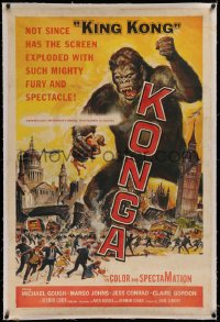 1z179 KONGA linen 1sh 1961 great artwork of giant angry ape terrorizing city by Reynold Brown!
