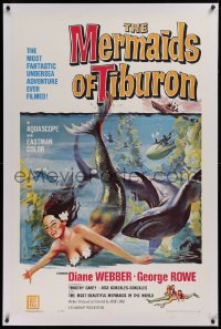 1z209 MERMAIDS OF TIBURON linen 1sh 1962 art of sexy mermaid & shark, plunge into undersea adventure!