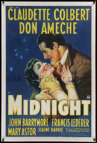 1z210 MIDNIGHT linen 1sh 1939 great art of Claudette Colbert in the arms of Don Ameche, ultra rare!