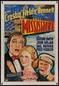 1z216 MISSISSIPPI linen 1sh 1935 art of Bing Crosby, Joan Bennett, W.C. Fields & riverboat, rare!
