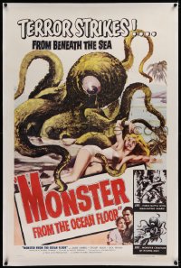 1z221 MONSTER FROM THE OCEAN FLOOR linen 1sh 1954 cool art of the octopus beast attacking sexy girl!