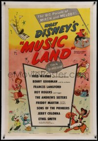 1z227 MUSIC LAND linen 1sh 1955 Disney, cartoon art of Donald Duck, Rogers, Joe Carioca & more!