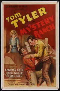 1z233 MYSTERY RANCH linen 1sh 1934 art of Tom Tyler fighting bad guy to save Roberta Gale, rare!