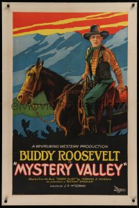 1z234 MYSTERY VALLEY linen 1sh 1928 art of cowboy Buddy Roosevelt on horse by mountain range, rare!