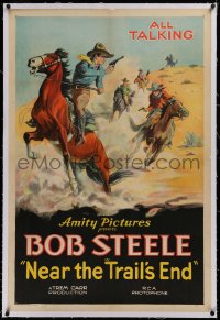 1z237 NEAR THE TRAIL'S END linen 1sh R1937 art of cowboy hero Bob Steele w/gun drawn on horse, rare!