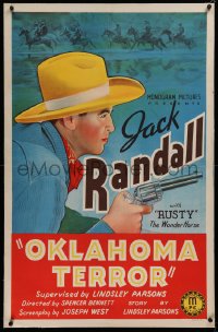1z243 OKLAHOMA TERROR linen 1sh 1939 great art of cowboy Jack Randall pointing gun, ultra rare!